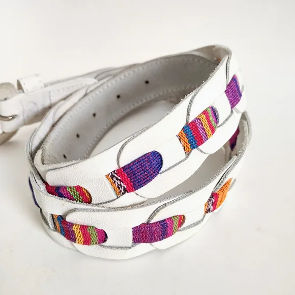 Vintage Belt Leather Tooled Textile Woven Colorful Boho Sz 36 Made in Guatemala - Picture 2 of 6